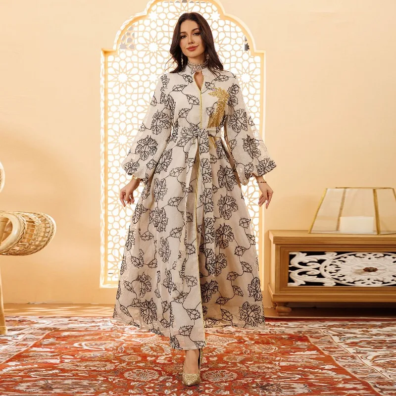 Muslim Women Ethnic Embroidered  Evening Gown Maxi Dress Flared Skirt