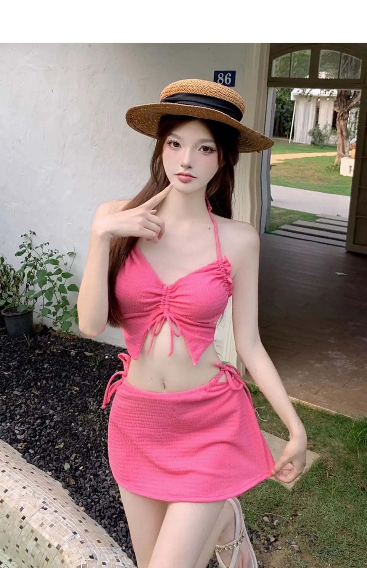 Coreano moda Sexy Push Up Bikini tre pezzi Set costume da bagno donna rosa rossa estate spiaggia vacanza costumi da bagno Y2k gonna costumi da bagno