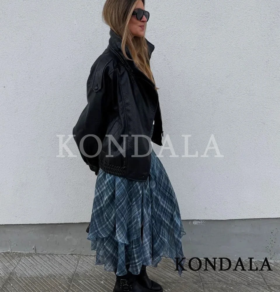 KONDALA Trendy Elegant Asymmetrical Pleated Skirt Women High Street Plaid Midi Skirt 2026 Spring Fashion Holiday Chic Lady Skirt