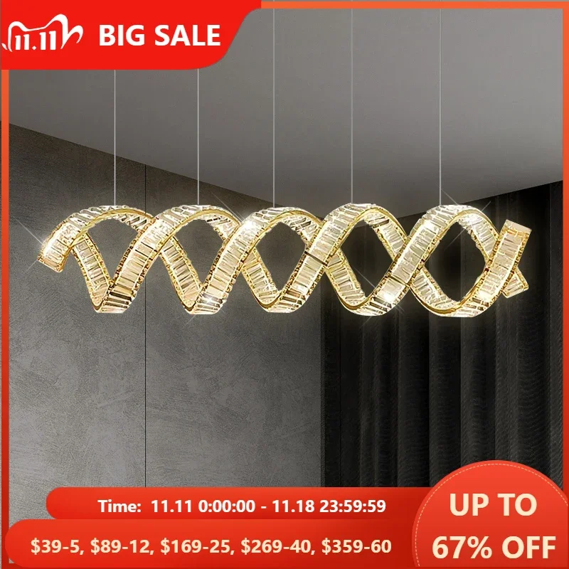 Modern Luxury Led Pendant Lights Wave Steel Lustre Crystal Pendant Lamp Dining Table Led Suspend Lamp Indoor Drop Light Fixtures