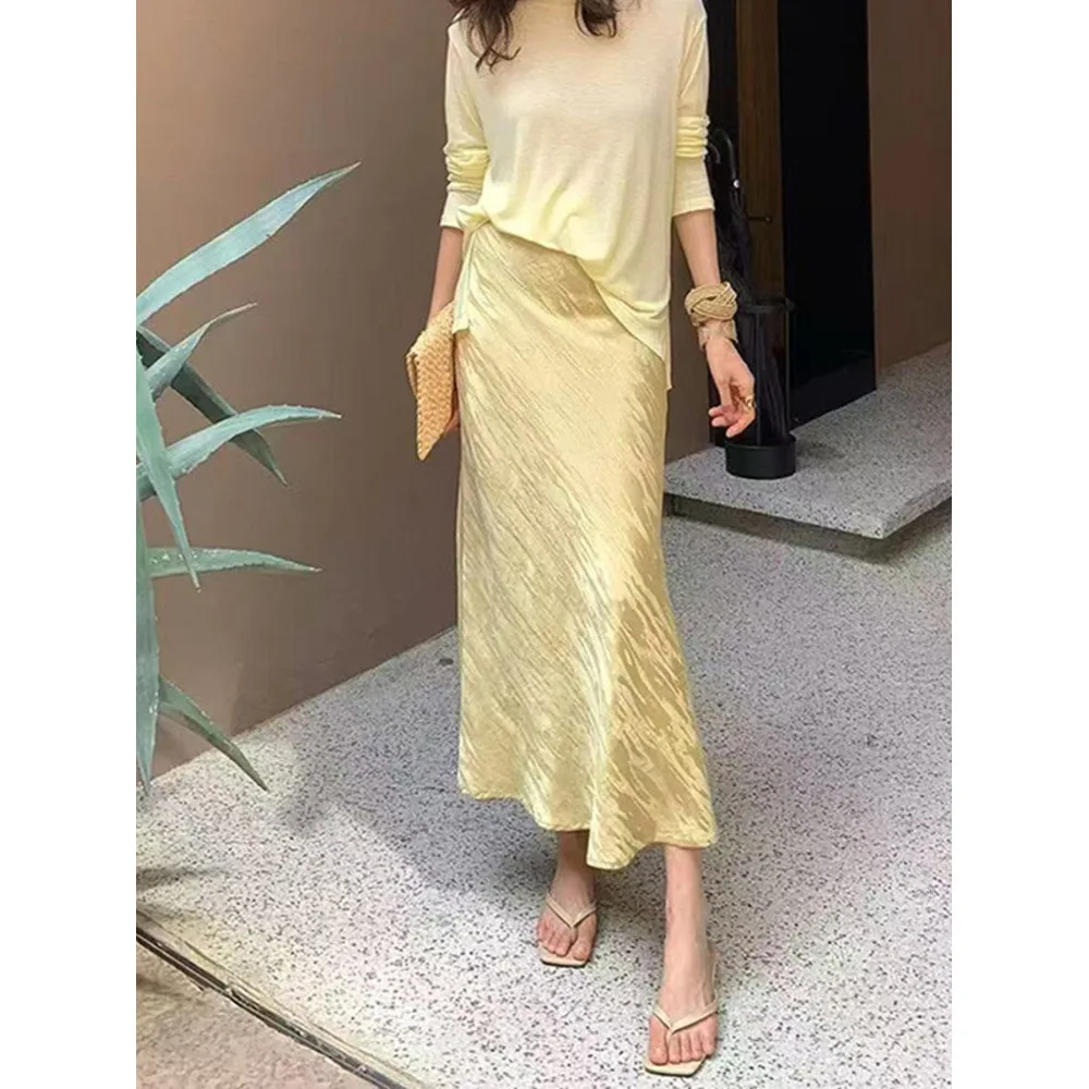 New Textured Satin High Waist Slim Fit Skirts 2026 Spring Summer French Style Elegant  A-line Long Skirt