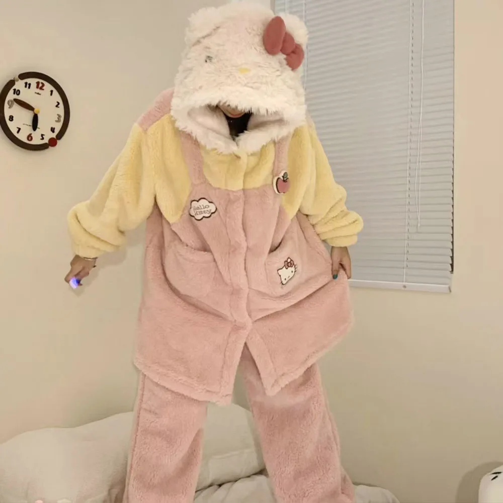 

Cartoon Hello Kitty 2Pcs Women's Plush Pajamas Robe Set Kawaii Winter Warm Coral Fleece Hooded Thicken Soft Homewear Tops Pants