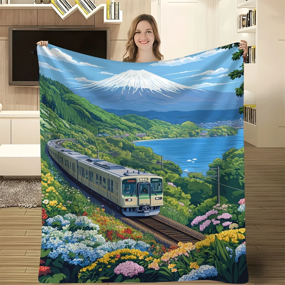 

1pc Japanese Landscape Flannel Blanket - Mt. Fuji/Cherry Blossom, All-Season Sofa/Bed/Travel Camping Throw