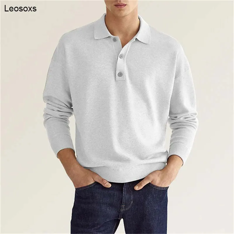 

Autumn Men's Solid Color Polo Shirt for men Long Sleeve Lapel Button Tshirts for Men Casual Lightweight Tops