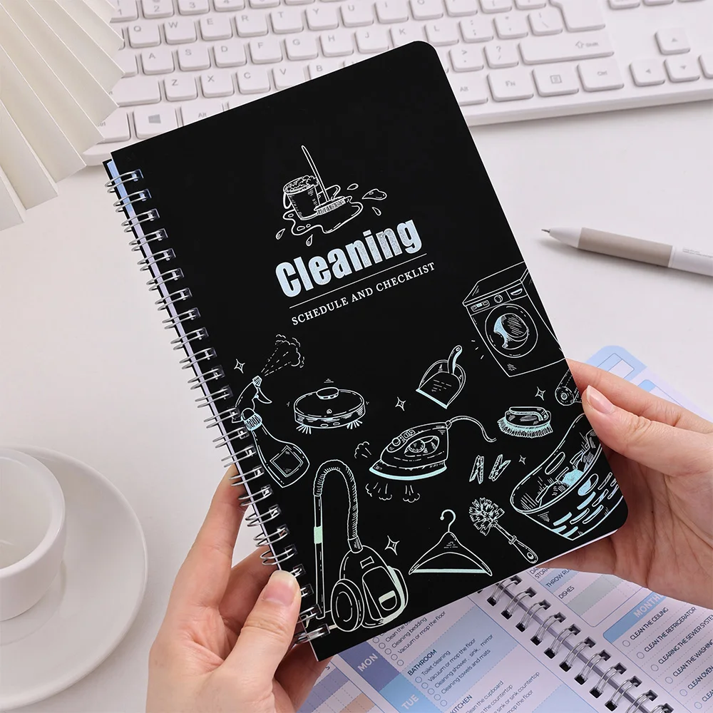 48 sheets Black PVC Cover Cleaning Planner Daily Weekly Monthly Organizer Cleaning List And Checklist For Home Office Supplies