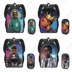 2 Sets Afro Black Boy with Crown Backpack and Pencil Bag Black King Doctor Astronaut Pilot Rucksack School Bag Daypack Book Bag