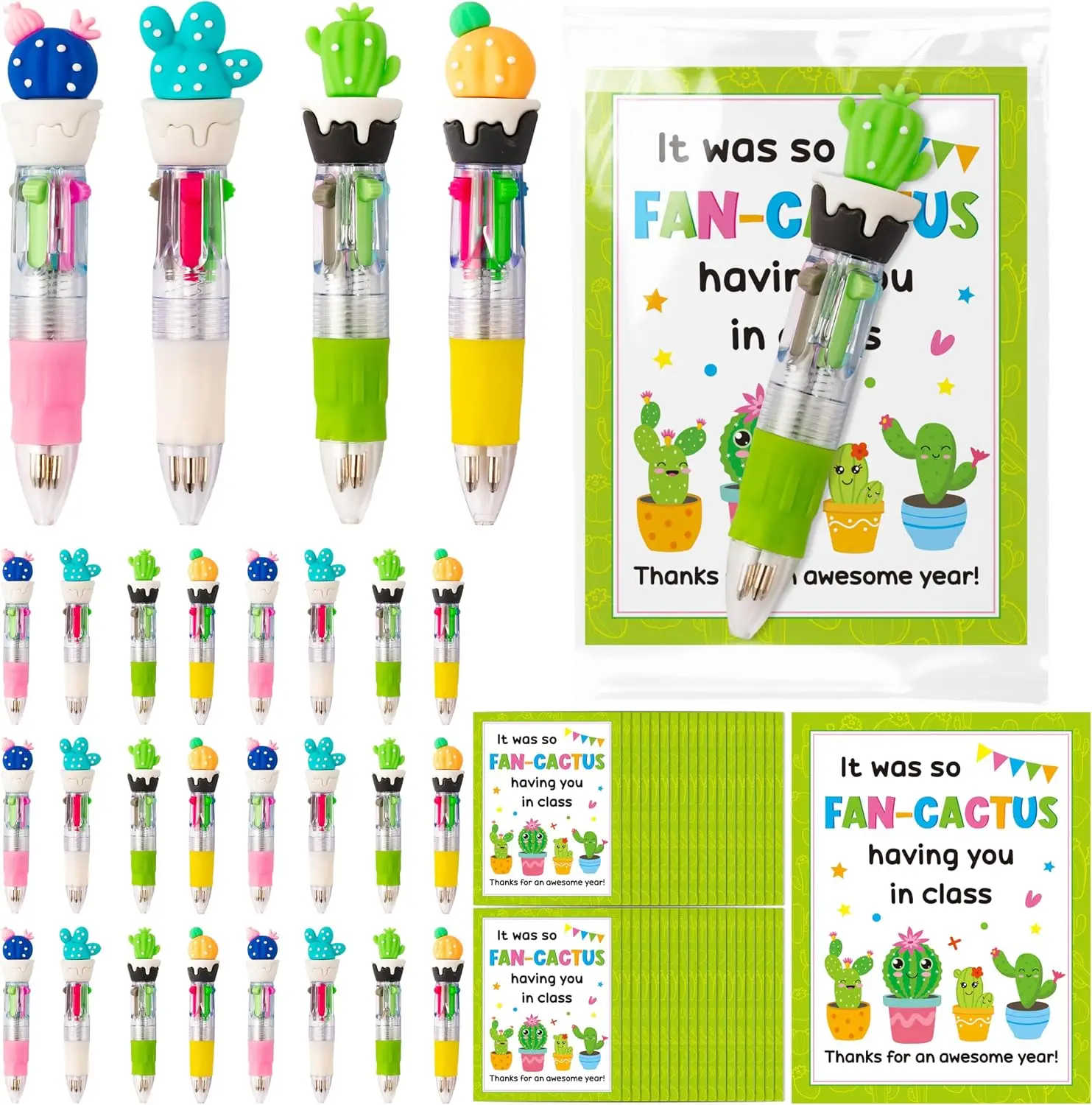 End of Year School Gifts - Cactus Shaped 4-in-1 Multicolor Ballpoint Pen Set, Fun Graduation Gifts Bulk, Creative Supplies & Party Favors with Gift Cards (84Pcs)