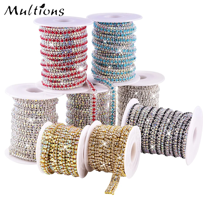 

1Yard 3 Rows Glass Crystal Rhinestone Chain Colorful Rhinestones Chain For Dress Decoration DIY Garment Bags Decorations