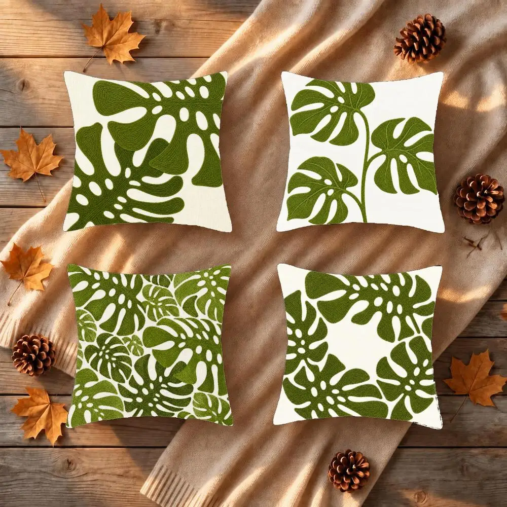 Olive Monstera Tropical Cushion Cover 1/4Pcs Soft Plush Throw Pillow Cover Double-Sided Print Sofa Living Room Decor