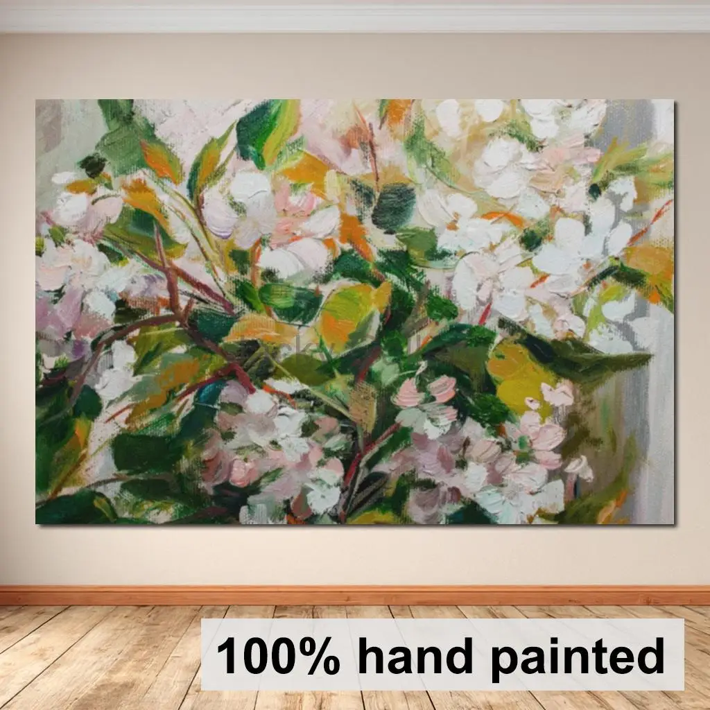 Impressionist Jasmin Textured Oil Painting Hand Painted Modern Abstract Floral Wall Art Still Life Canvas for Bedrom Bathroom