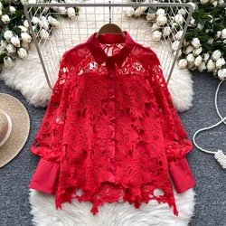 Retro loose sweet cut out laceTurn-down Collar lool sleeve basics Blouse Slim Shirt Women summer Top