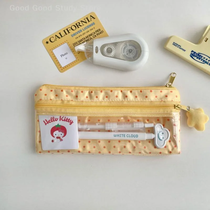 1Pc Cute Milk Yellow Polka Dot Rabbit Pencil Case Mesh Multilayer Pen Bag Large Capacity Stationery Bag For School