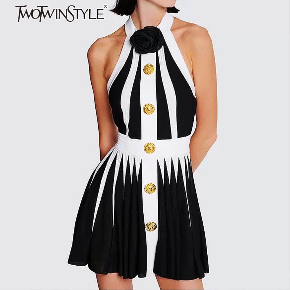TWOTWINSTYLE Colorblock Slimming Spliced Stripe Dresses for Women Halter Neck Sleeveless Patchwork Single Breasted Dress Female