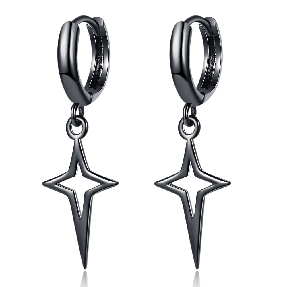 Gothic Punk Style Copper Stars Cross Pendientes Fashion For Women Men Rock Jewelry Metal Drop Earrings Black 925 Sterling Silver