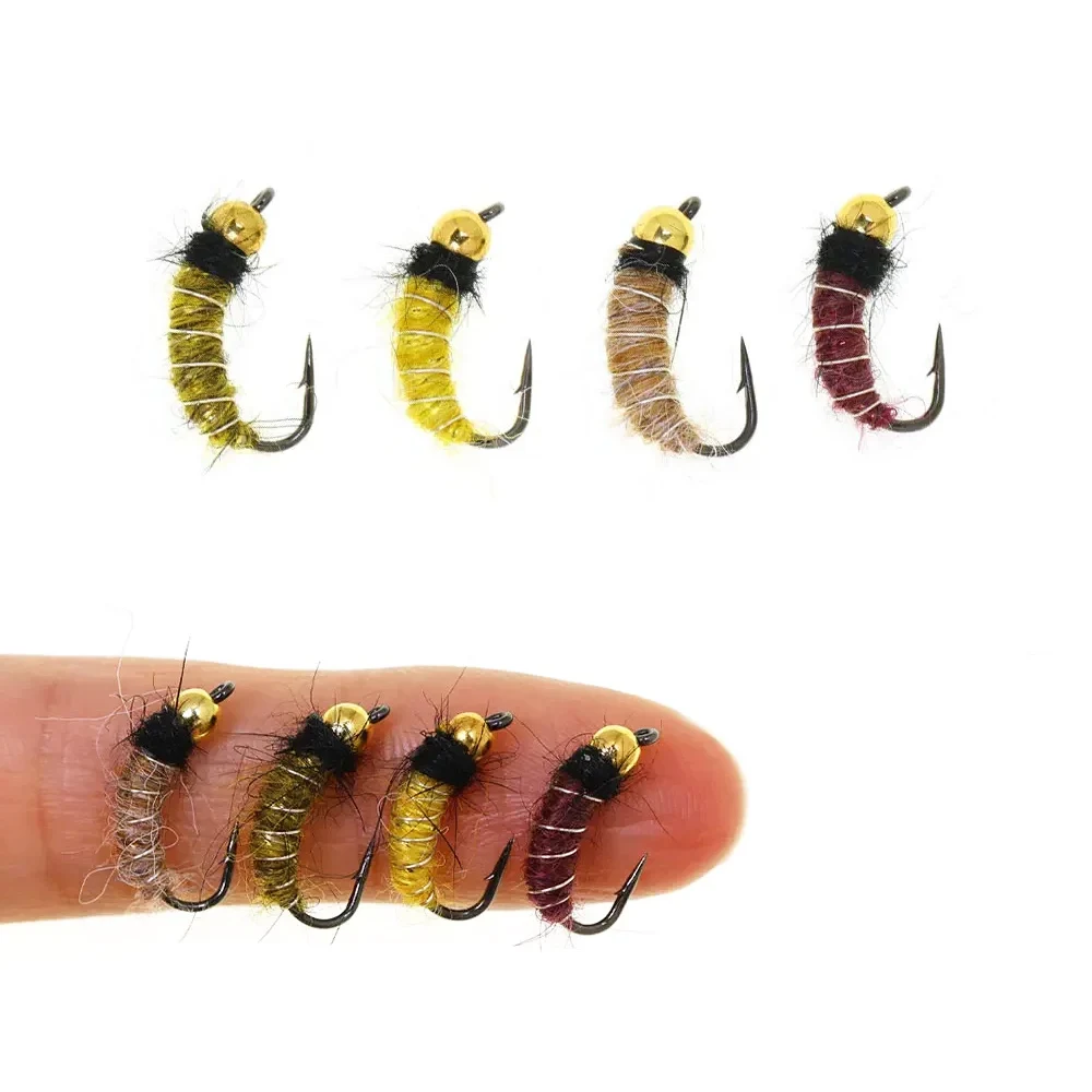 4 piezas # 10 # 12 Señuelos de pesca de latón con cabeza de abalorio, imitación realista de larva de caddis, ninfa, mosca, scud, insecto artificial y gusano, para trucha y pescada.