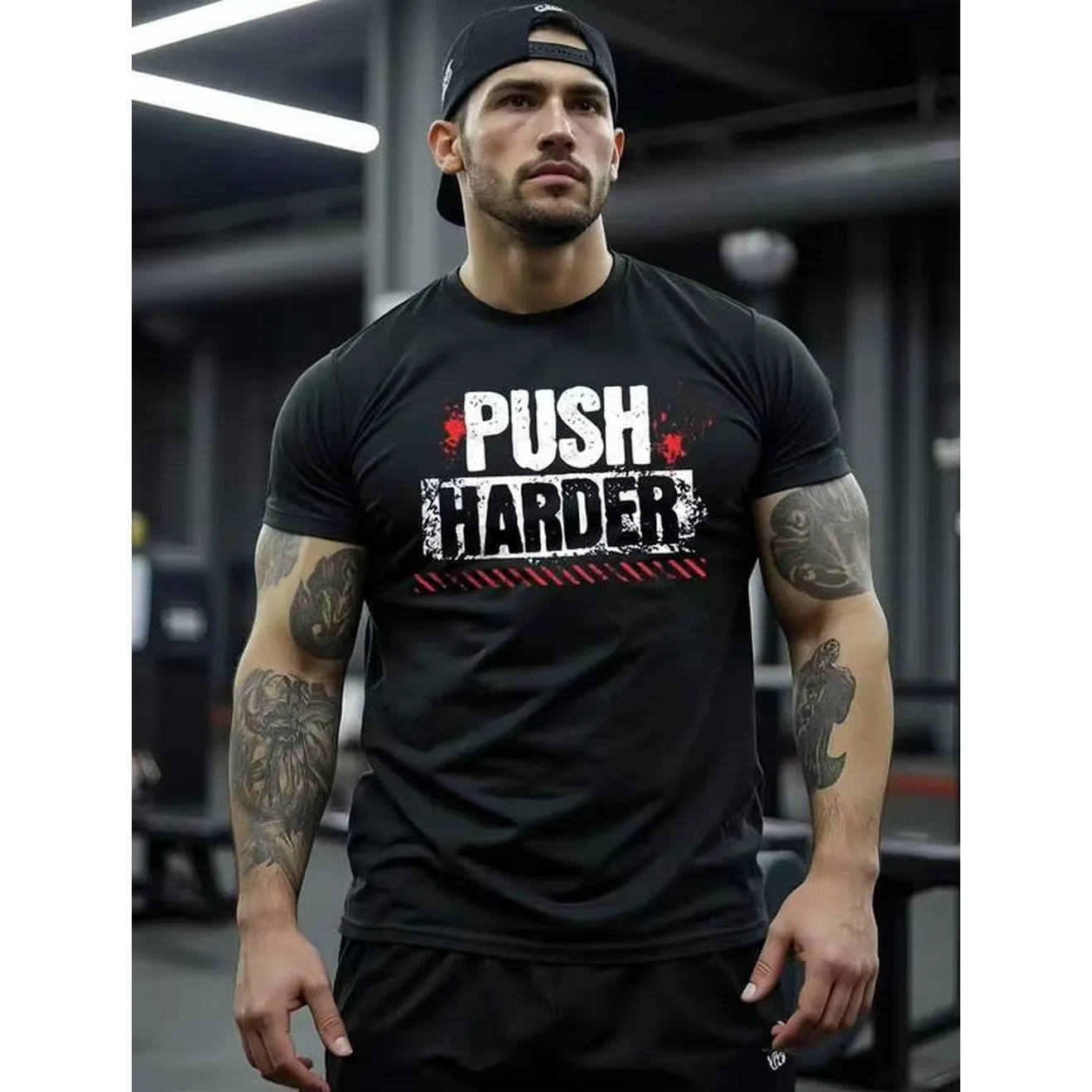 1pc Man's Push Harder Motivation Print Black TShirt Crew Neck Casual Cotton Tee Medium Stretch Knit Fabric Regular Fit For Boys Man Great For // Gym