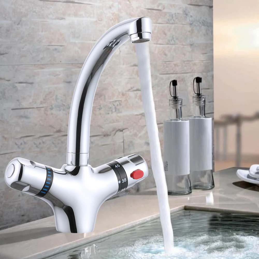 Wash Basin Tap Contemporary Style Bathroom Faucet Constant Temperature Double Open Faucet