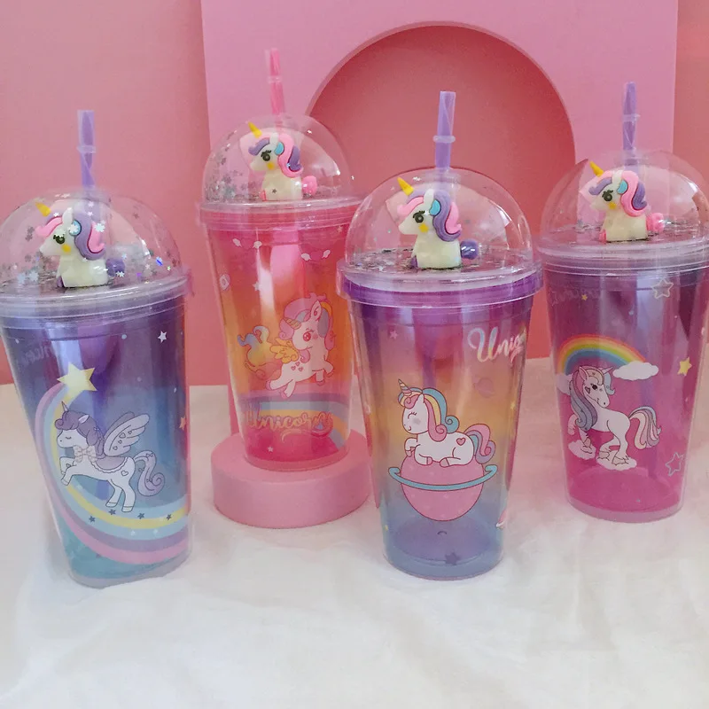 450ML Summer Unicorn Straw Cup Double Plastic Ice Cup Creative Drink Milk Tea Coffee Mug For Girls Smoothie Cups Iced Drinks Mug