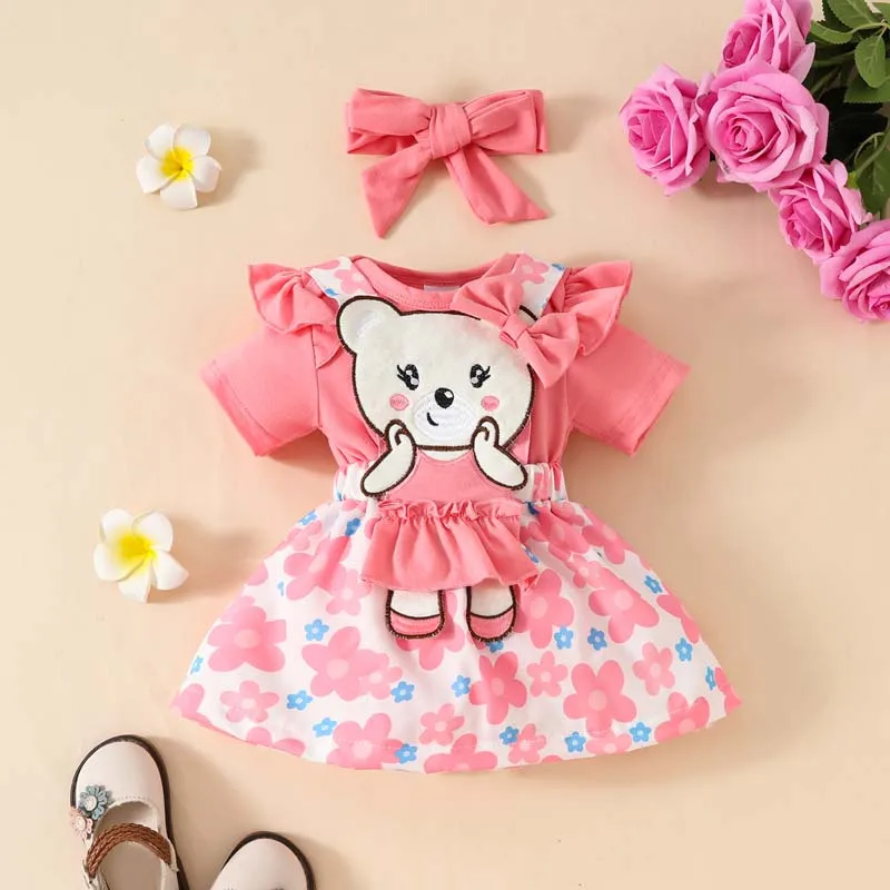 

Baby Clothing Girl Outfits 3PCS Set Summer Short Sleeves Pink Bodysuit Cute Cartoon Bear Halter Print Dress Hairband 0-18 Months