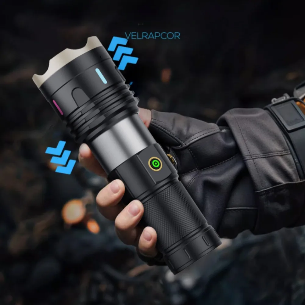 Super Bright LED Flashlight Type C Rechargeable 3 Modes Zoom Handlamp Long Range Tactical Torch Outdoor Waterproof Camping