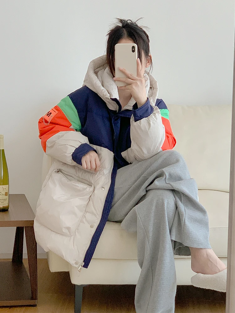 Winter Jacket Women Fashion Hooded Patchwork Down Jackets Pocket Loose Casual 90% White Duck Down Coat Thick Warm Parkas Female