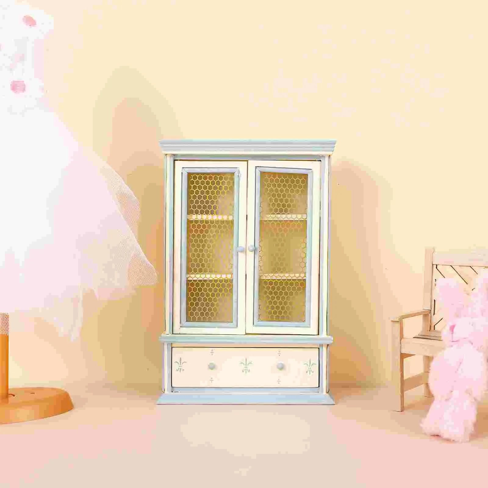 Miniature Bookshelf Dollhouse Furniture Beige Wooden Toy Storage Cabinet Opens Door Decor Kids Gift Tiny House Landscape