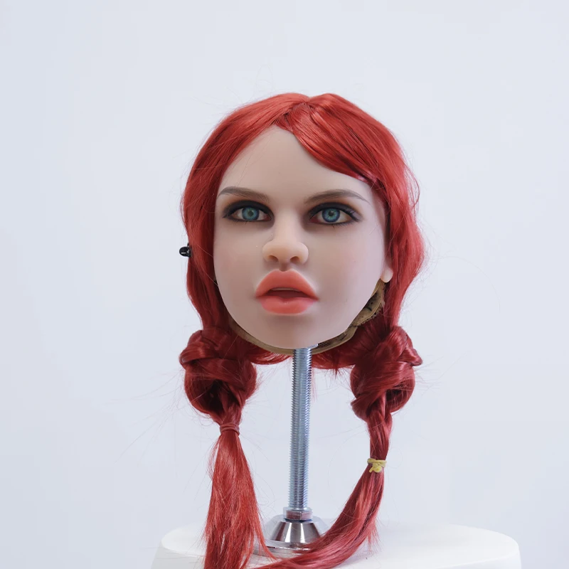 Realistic TPE Doll Head with Heat Resistant Hair Doll Part Accessories, Lifelike Head for Dolls Snap or M16 Studs Fixed Red Wigs