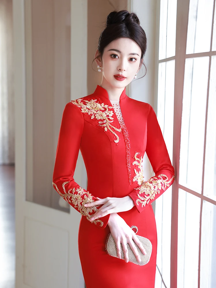 

Новое китайское вечернее платье Ele Red Wedding Dr в стиле русалка для невесты, для свадебного торжества, с длинными рукавами, в пол