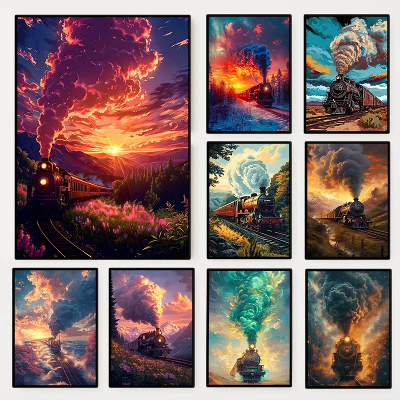 Vintage Anime Style Steam Train Sunset Landscape Poster Travel Scenery Wall Art for Living Room Home Decor Mural Canvas Paint