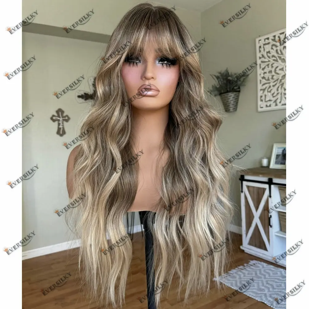 

Ombre Light Grey Brown Blonde 100% Remy Human Hair Wigs Hightlight Colored 26Inch13x6 Lace Frontal Wig Human Hair With Bangs