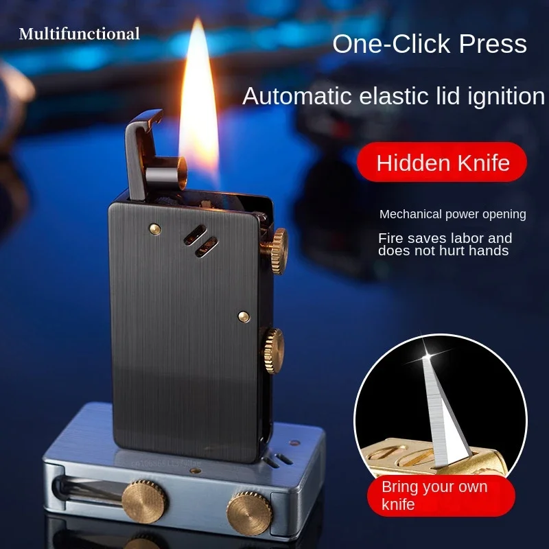 Windproof Ejection Kerosene Lighter Automatic Ignition Creative Retro Grinding Wheel Mechanical Metal Lighter Men\'s Gadgets