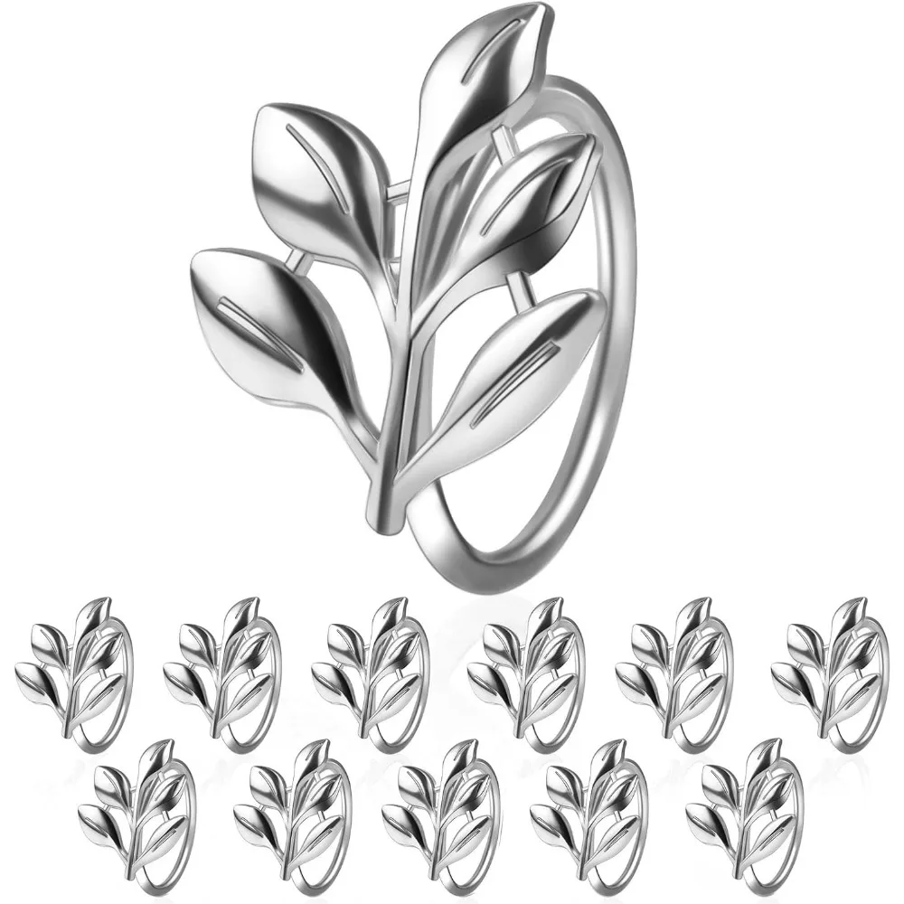 

Leaf Napkin Ring Holder Set of 12 Silver Color Dining Table Décor for Wedding Party Dinner Banquet Thanksgiving Halloween (Silve