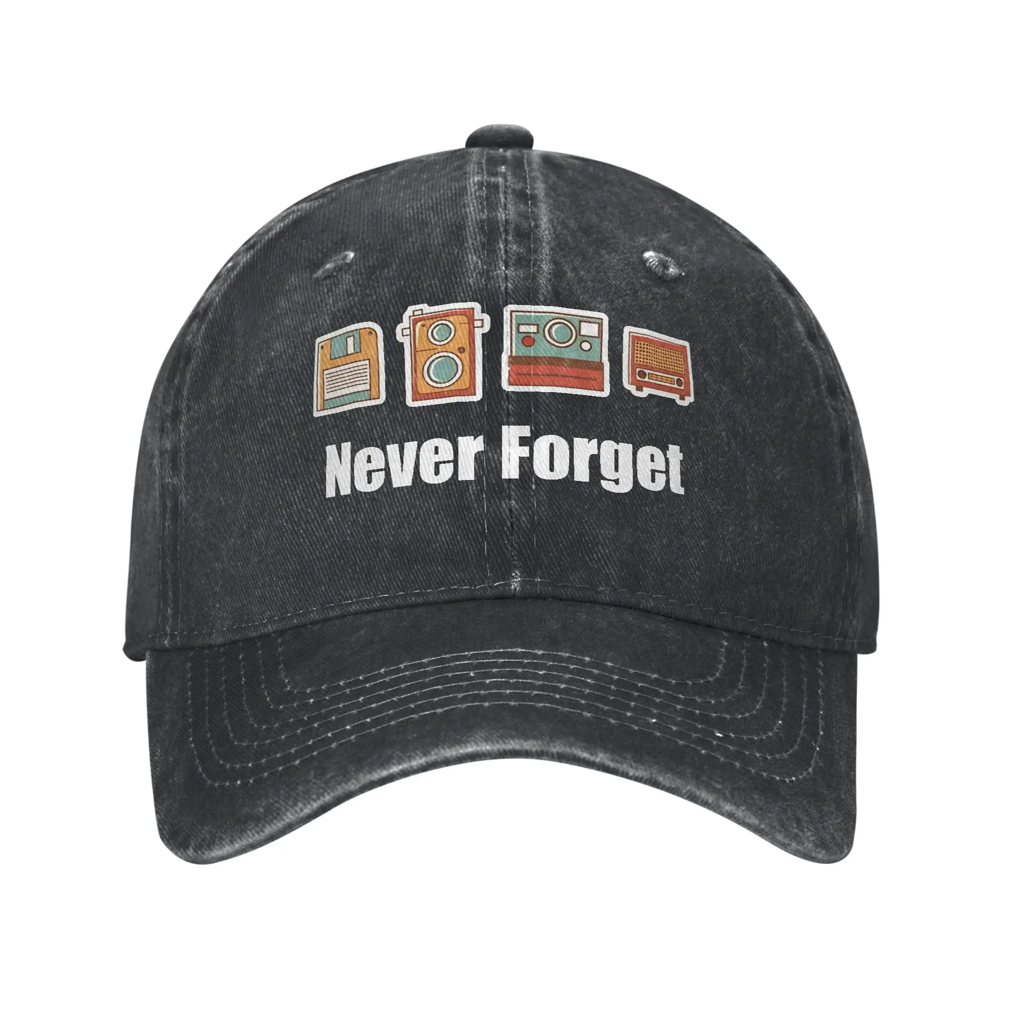 Funny Never Forget Floppy Disk Camera Radio Baseball Caps Vintage Distressed Washed  Headwear Unisex Outdoor Soft Caps Hat