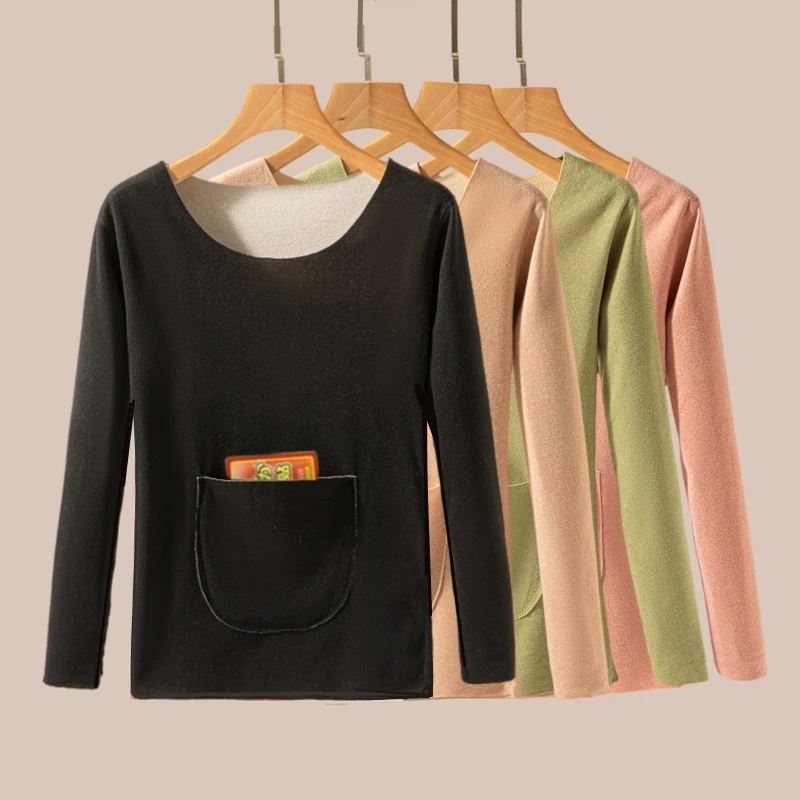 Thickened Fleece Women's Long Sleeve Warm Underwear Autumn Winter New Style Protective Waist And Belly Clothes Inner Wear