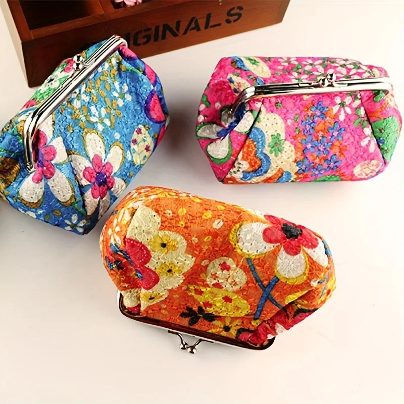 Colorful Vintage-Inspired Embroidered Coin Purse Ethnic Style Small Wallet with Secure Kiss-Lock Closure Cute Small Purse