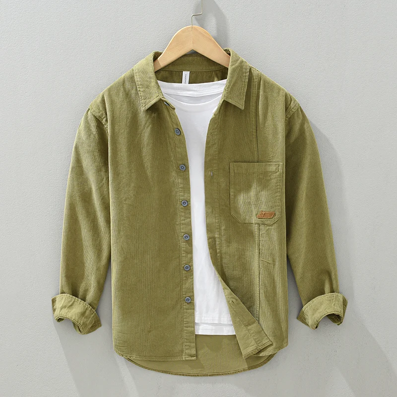 Men's Long Sleeve Corduroy Casual Shirt Autumn Spring Square Collar Workwear Jacket Standard Fit Iron Free Pure Color