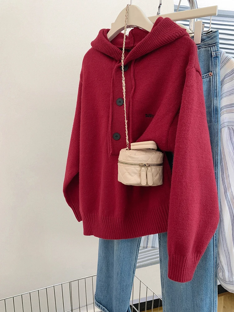 

Solid Color Simple Sweater Casual Versatile Hooded Sweater Women Autumn Winter New Loose Lazy Style Pullover Knitted Top