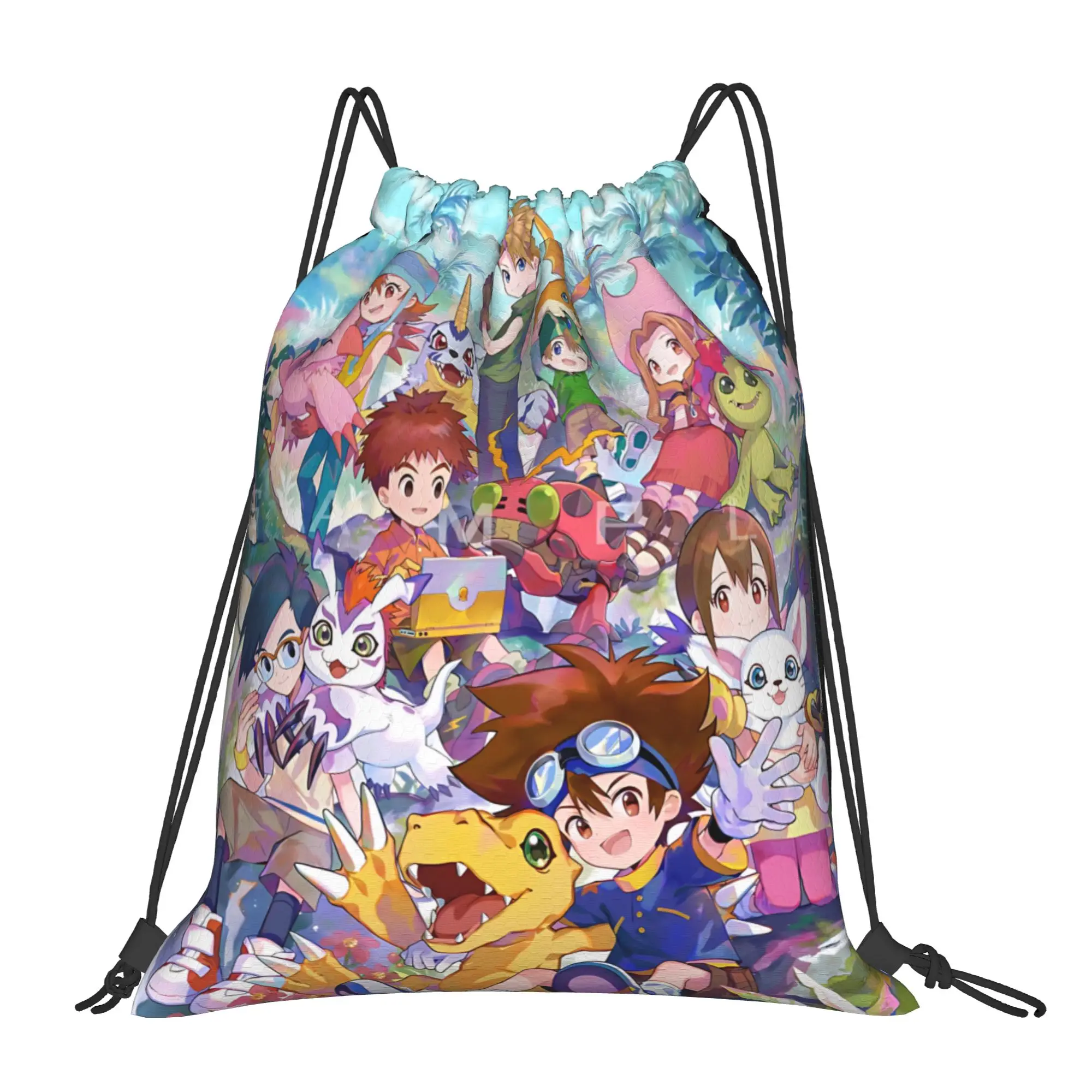 For travel Pouch Digital Monster  Kawaii Drawstring Bags Travel Shoe Clothes Storage Multi-function Teen Portable Rucksack