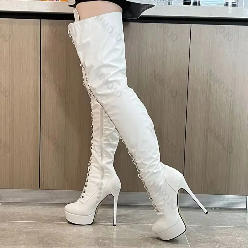 

Olomm Women Winter Thigh High Boots Zipper Stiletto High Heels Round Toe Gorgeous Wine Red Party Shoes Ladies Plus US Size 5-20
