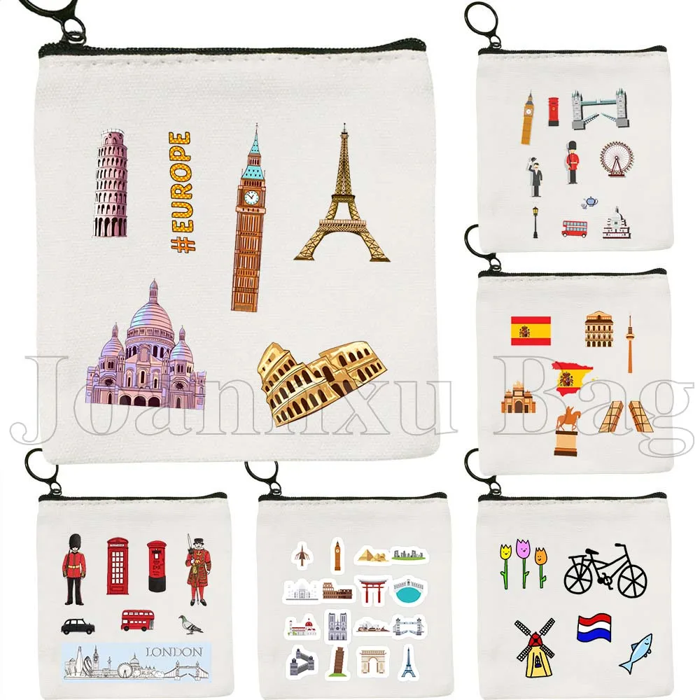 

London Madrid Spain Travel the World Landmarks Pack Print Europe Gifts Canvas Coin Purse Key Case Small Bag Wallet Zipper Pouch