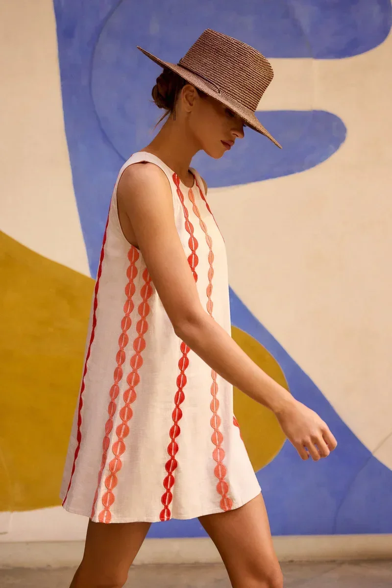 فستان نسائي صيفي جديد فضفاض للركاب برقبة دائرية مطبوعة بدون أكمام تنورة قصيرة