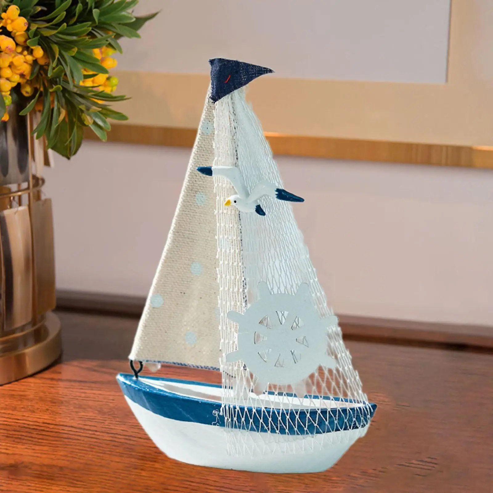 Miniature Sailing Boat Wooden Desktop Nautical Sailing Boat Ornament for Living Room Decorating Bathroom Fireplace