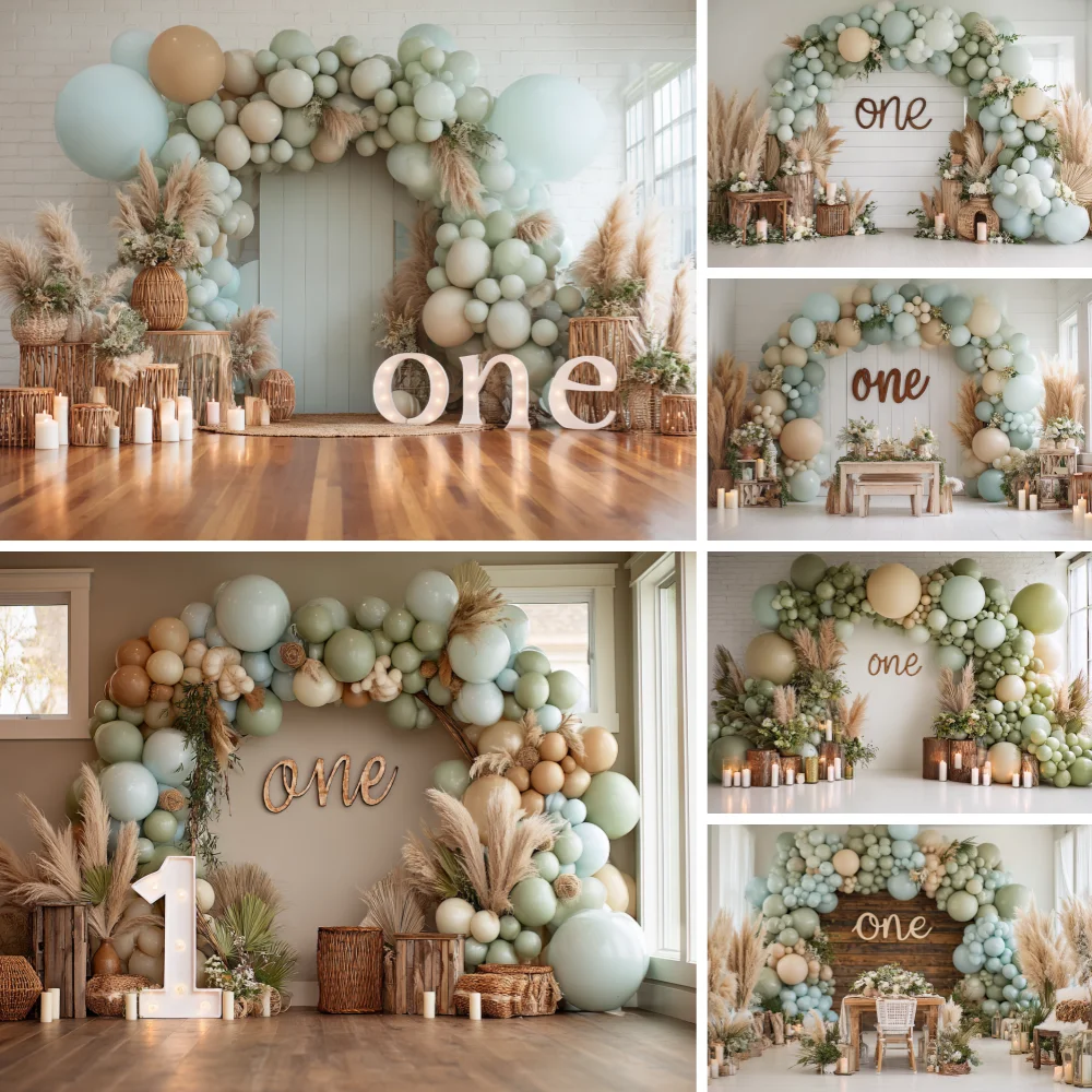

Newborn Baby 1st Birthday Party Backdrop Balloons Wooden Floor Baby One Year Old Portrait Photography Background Photo Studio