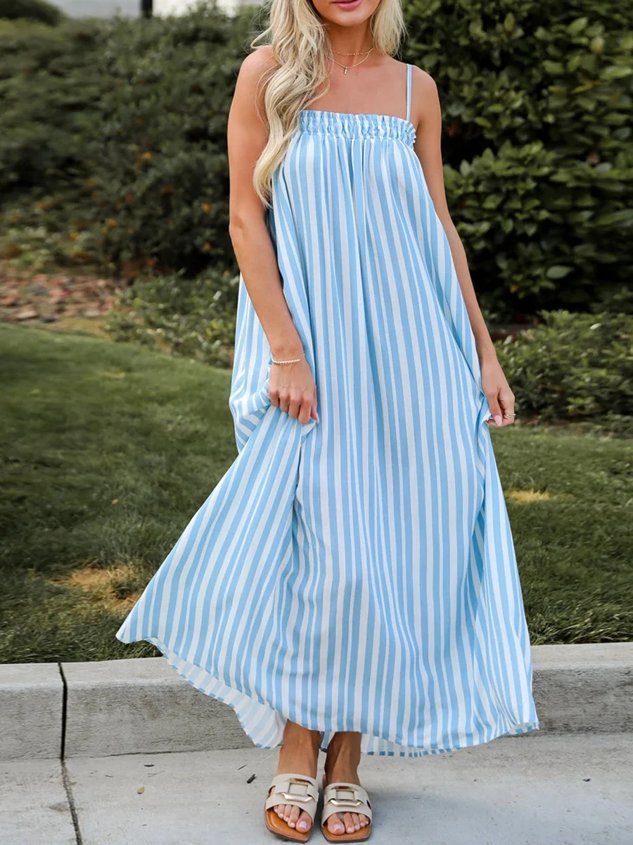 Sukienka maxi dla kobiet 2024 Summer Casual Striped Print Slim Dress Strap Sleeveless Square Neck Backless Smocked Beach Dresses