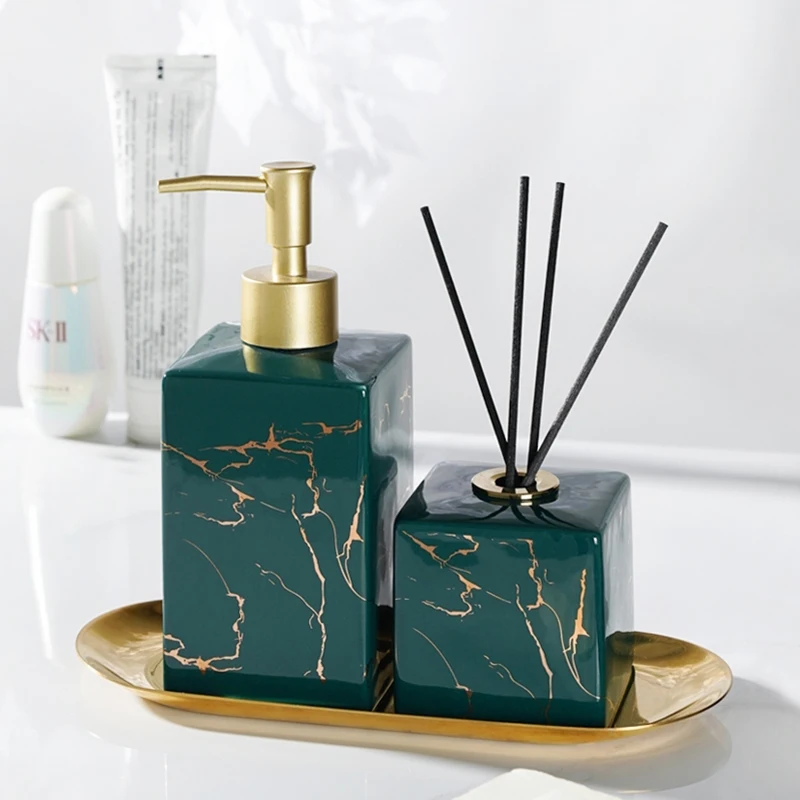 Luxury Gold-plated marmored Ceramic Lotion Bottle Press Dispenser di sapone bagno Shampoo imbottigliamento diffusore Box accessori per il bagno