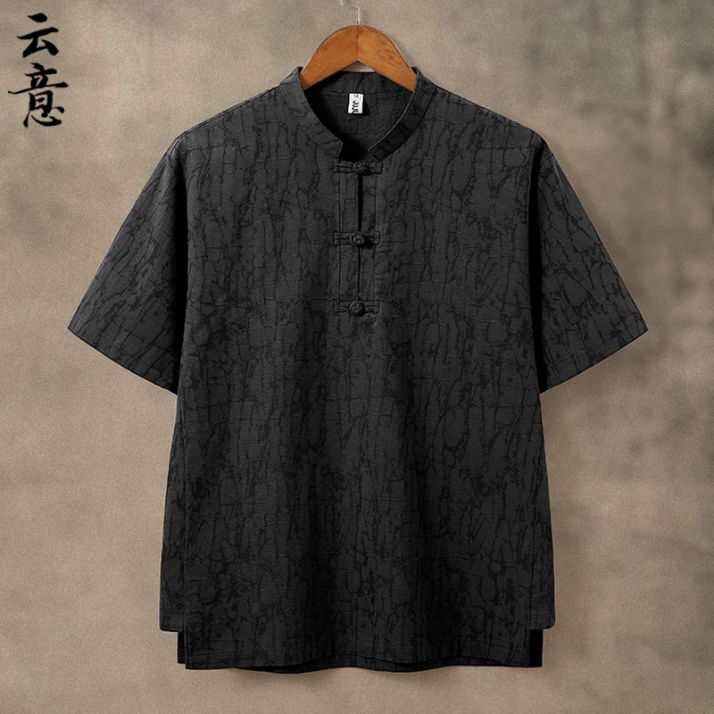 

Summer Cotton ort Sve T-irt Men's Chinese Sle Stand Collar Button up Hanfu Top f Sve Retro irt for Youth Casual
