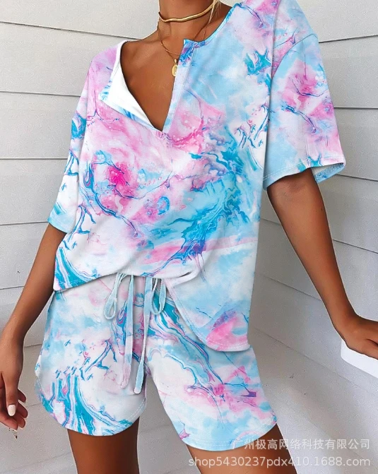 Elegant Style for Women 2024 Summer Two-Piece Short Set Fashion Loose Fitting V-Neck Tie-Dye Printed Short-Sleeved Shorts Suit