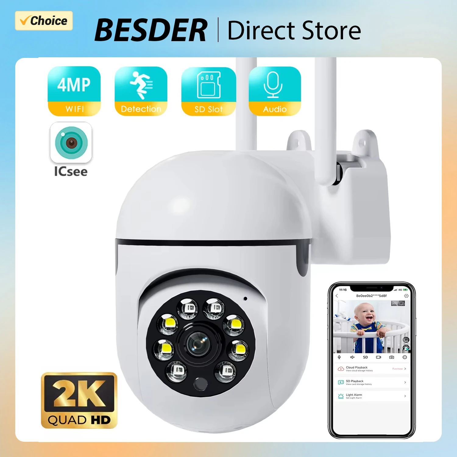 4MP Outdoor Wifi Camera Surveillance Night Vision Color Ai Human Tracking 4X Digital Zoom Video Security Monitor Cameras