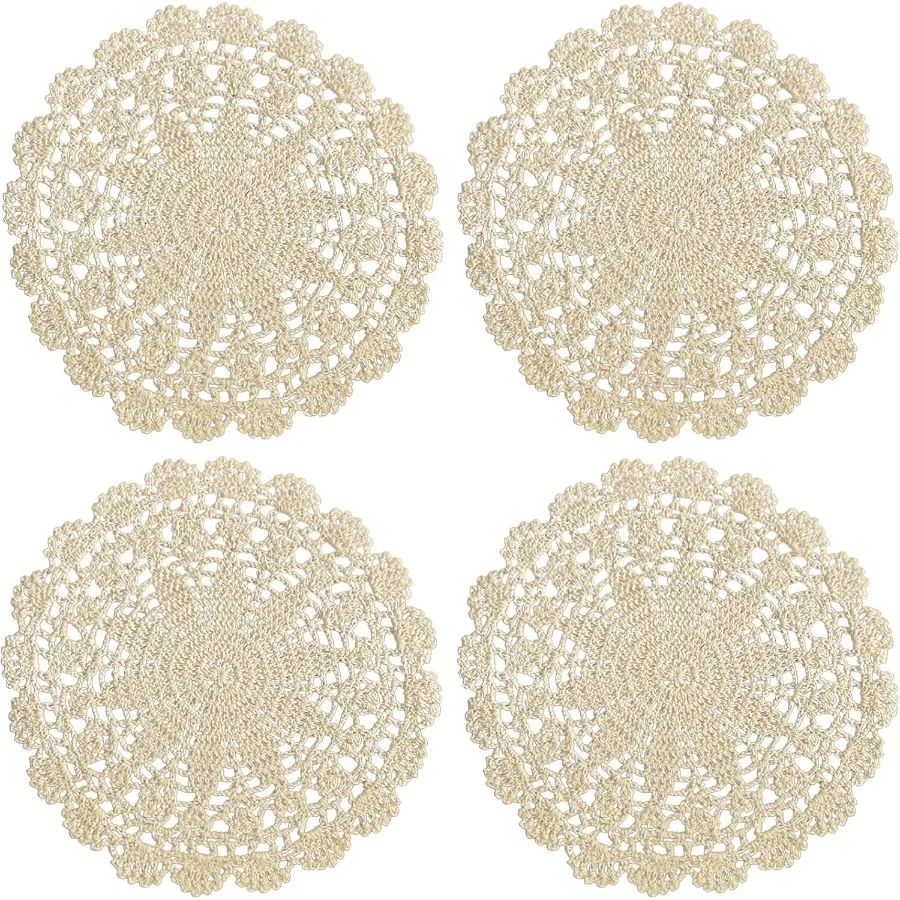 

Crochet Doilies Round Cotton Lace Table Placemats Knitted Tablecloth Star Pattern Rippled Edge Pack of 4 10 Ih Beige