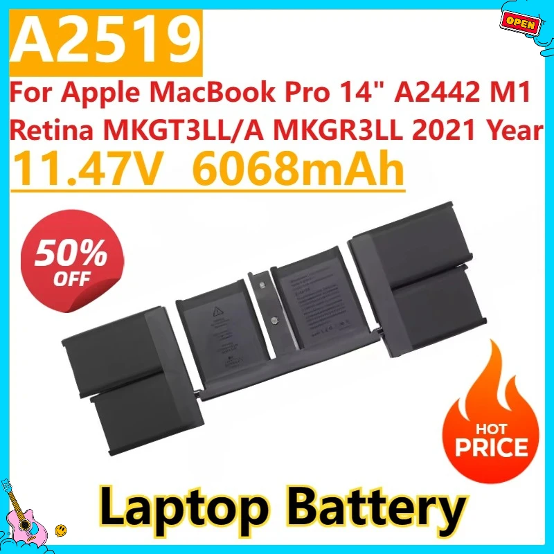 

New 11.47V 6068mAh Laptop Battery A2519 For Apple MacBook Pro 14" Notebook Smart A2442 M1 Retina MKGT3LL/A MKGR3LL 2021 Year